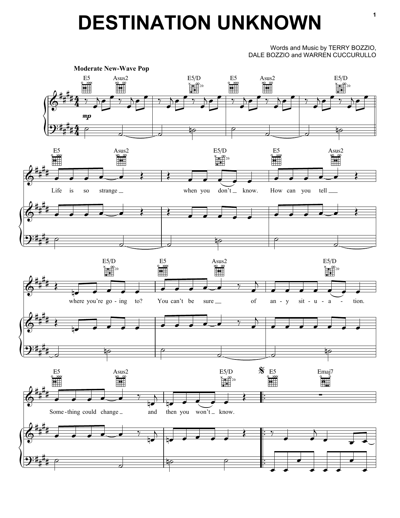 Missing Persons Destination Unknown Sheet Music Notes & Chords for Piano, Vocal & Guitar (Right-Hand Melody) - Download or Print PDF