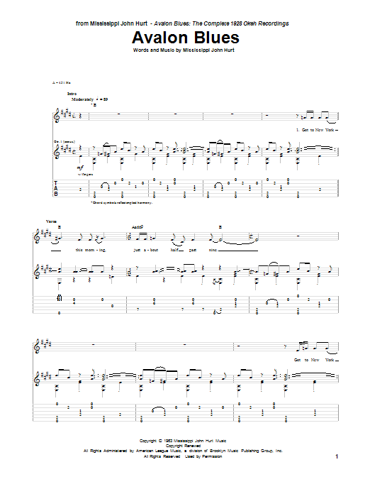 Mississippi John Hurt Avalon Blues Sheet Music Notes & Chords for Guitar Tab - Download or Print PDF