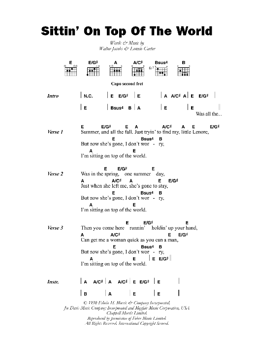 Mississippi Sheiks Sittin' On Top Of The World Sheet Music Notes & Chords for Lyrics & Chords - Download or Print PDF