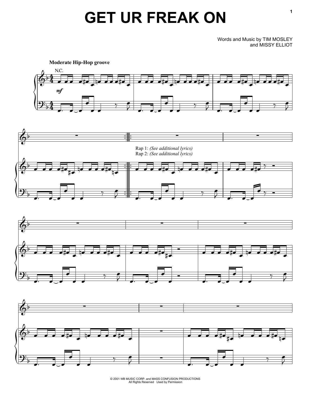 Missy Elliot Get Ur Freak On Sheet Music Notes & Chords for Piano, Vocal & Guitar (Right-Hand Melody) - Download or Print PDF