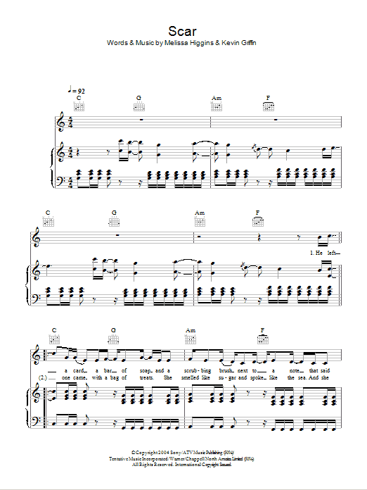 Missy Higgins Scar Sheet Music Notes & Chords for Piano, Vocal & Guitar (Right-Hand Melody) - Download or Print PDF