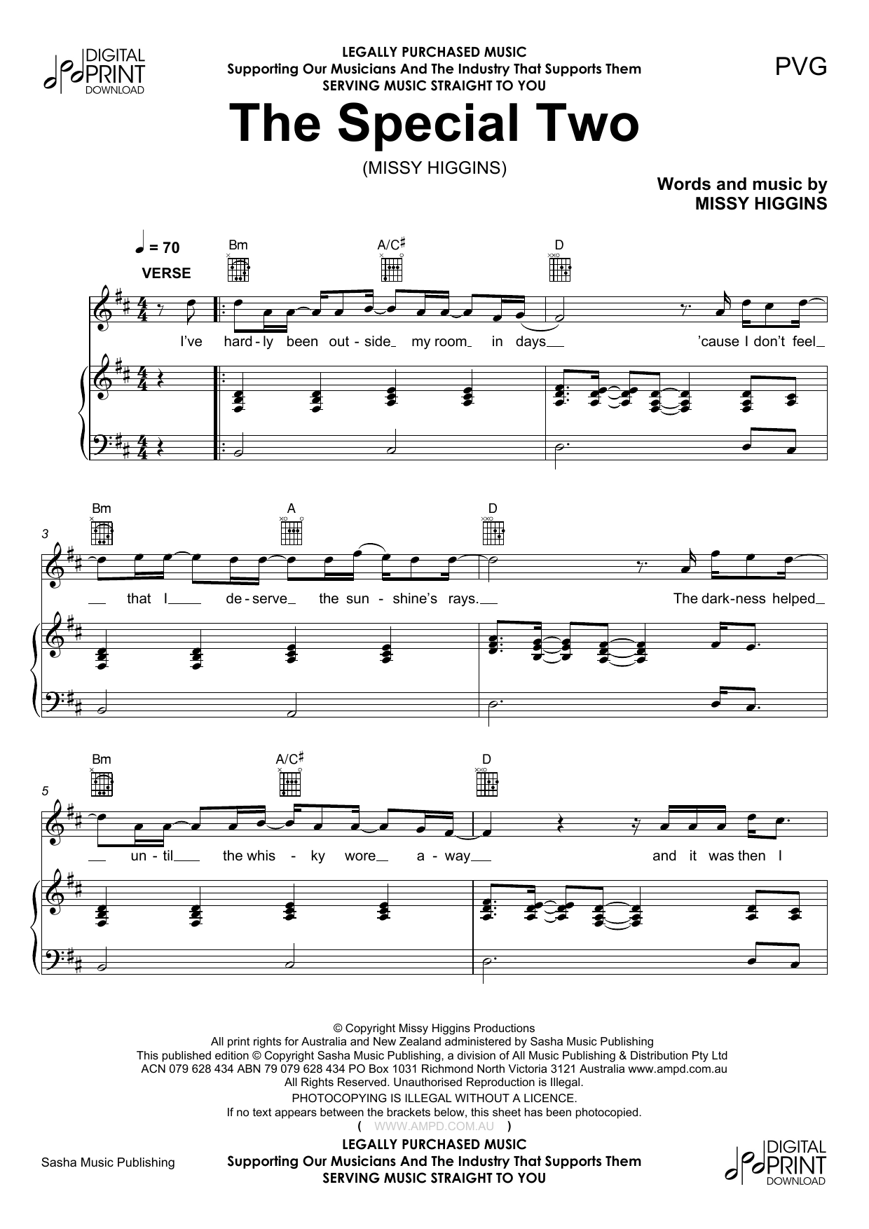 Missy Higgins Special Two Sheet Music Notes & Chords for Piano, Vocal & Guitar (Right-Hand Melody) - Download or Print PDF