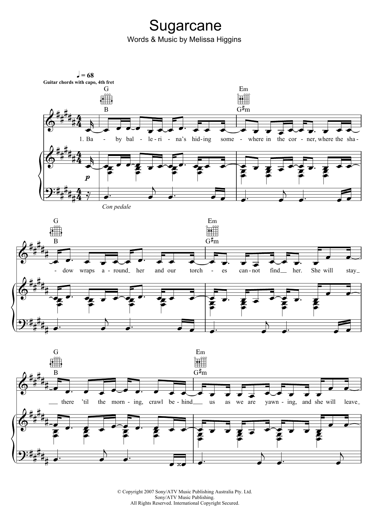Missy Higgins Sugarcane Sheet Music Notes & Chords for Piano, Vocal & Guitar (Right-Hand Melody) - Download or Print PDF