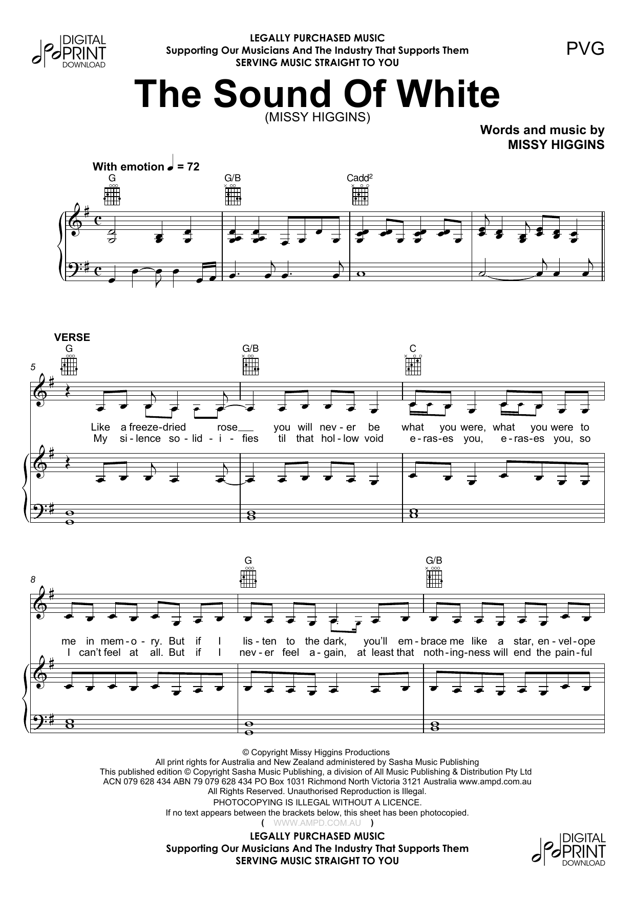 Missy Higgins The Sound Of White Sheet Music Notes & Chords for Piano, Vocal & Guitar (Right-Hand Melody) - Download or Print PDF