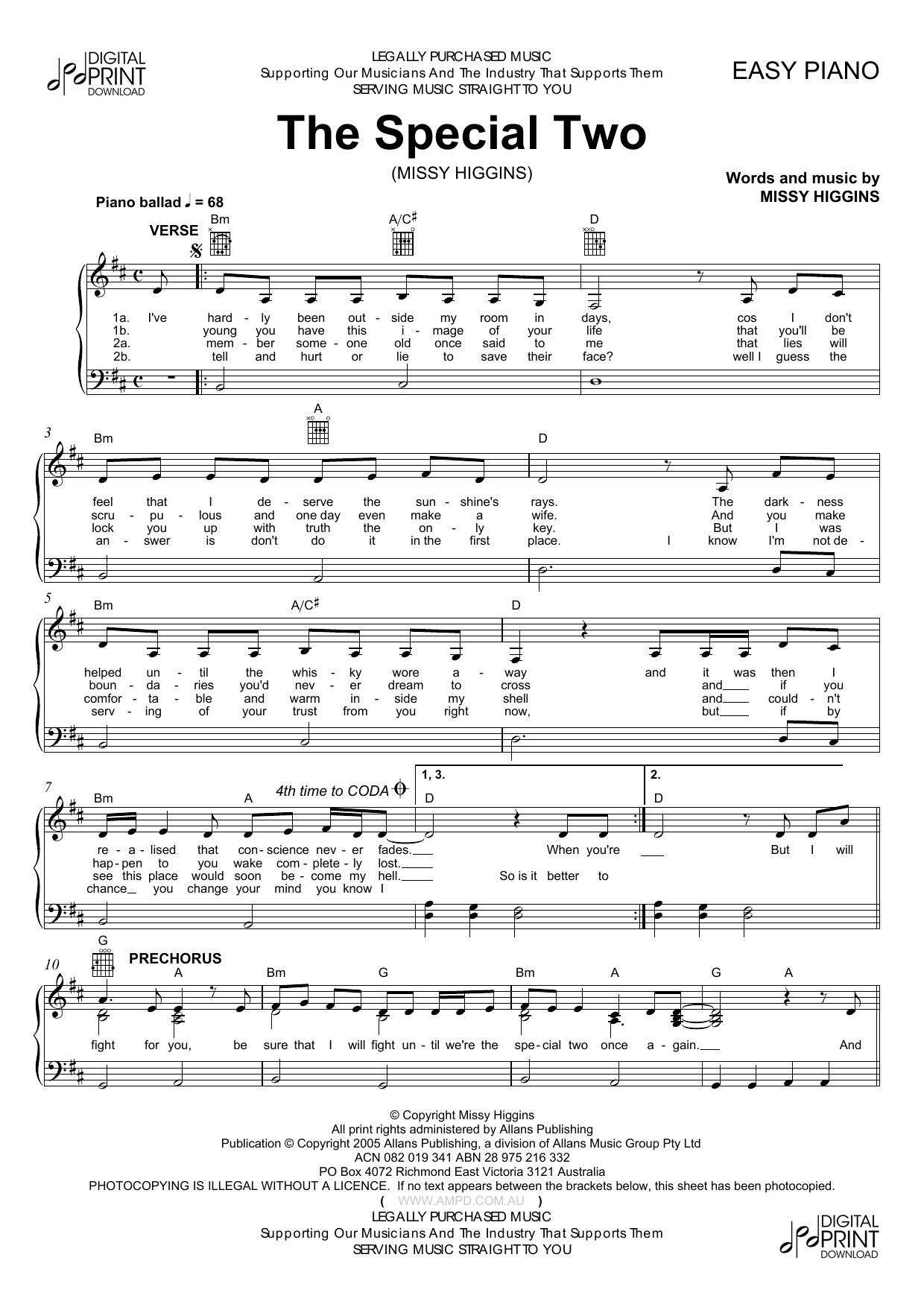 Missy Higgins The Special Two Sheet Music Notes & Chords for Easy Piano - Download or Print PDF