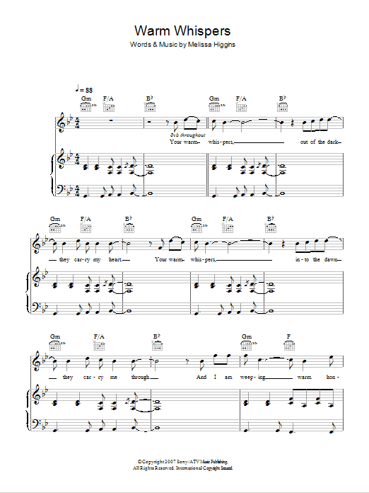 Missy Higgins Warm Whispers Sheet Music Notes & Chords for Piano, Vocal & Guitar - Download or Print PDF