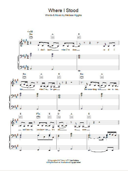 Missy Higgins Where I Stood Sheet Music Notes & Chords for Piano, Vocal & Guitar - Download or Print PDF