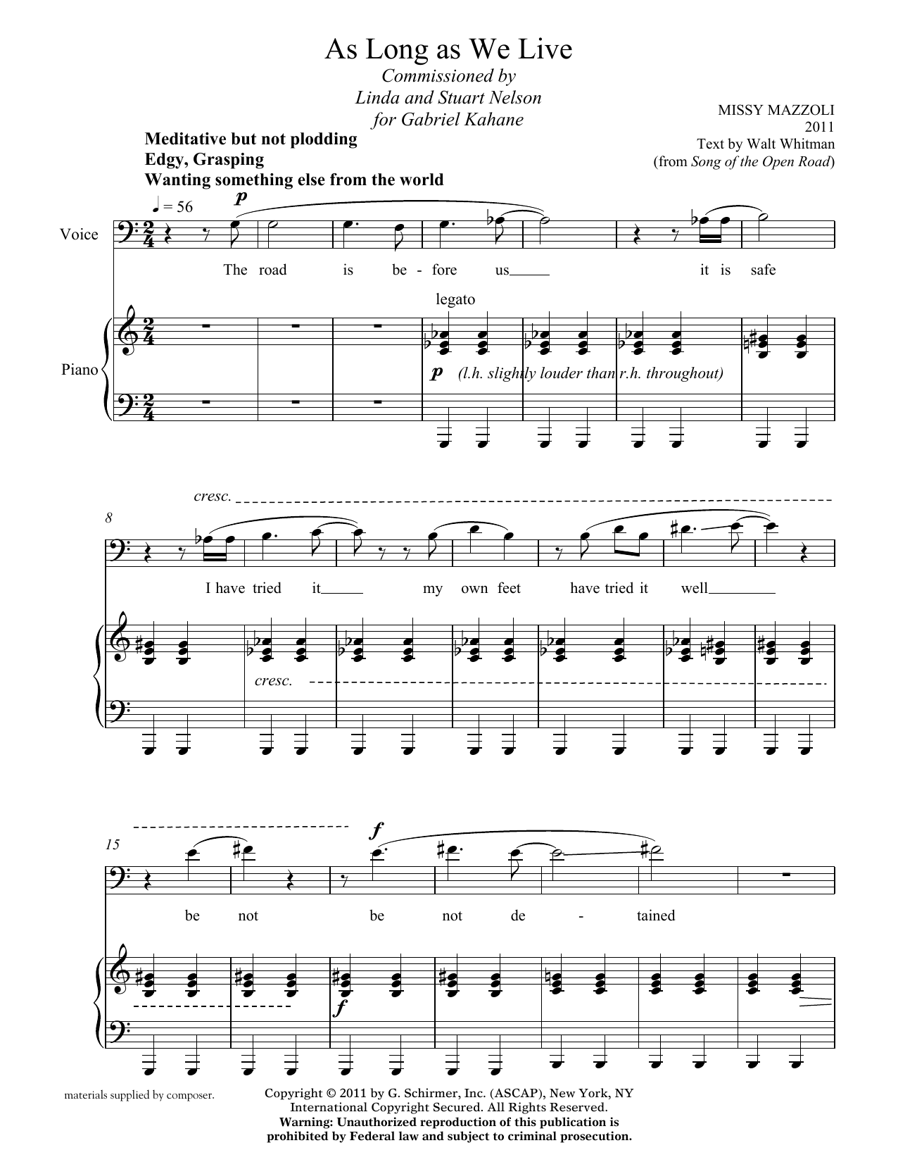 Missy Mazzoli As Long As We Live (baritone and piano) Sheet Music Notes & Chords for Voice - Download or Print PDF Missy Mazzoli As Long As We Live (baritone and piano) Sheet Music Notes & Chords for Voice - Download or Print PDF