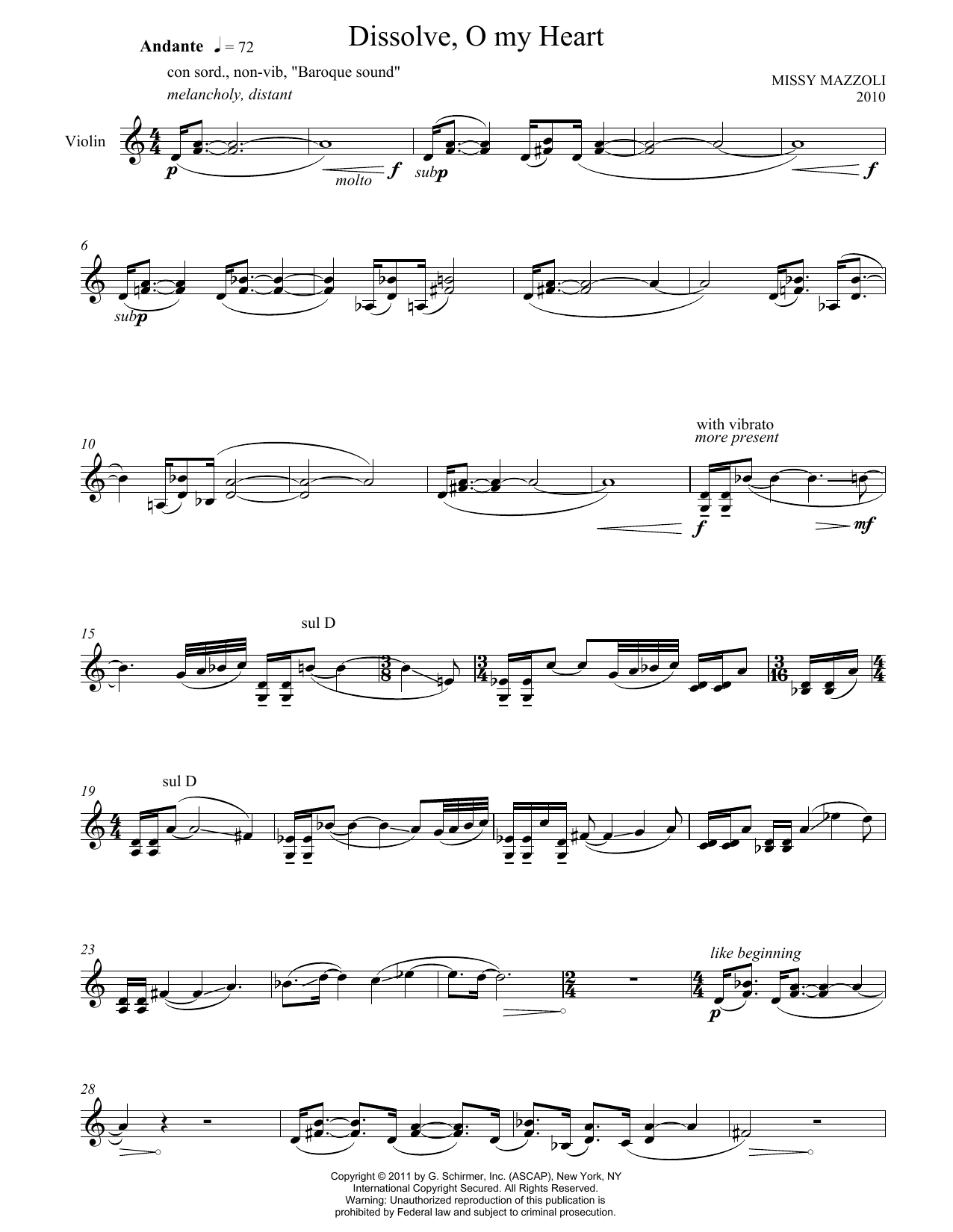 Missy Mazzoli Dissolve, O My Heart Sheet Music Notes & Chords for Violin - Download or Print PDF