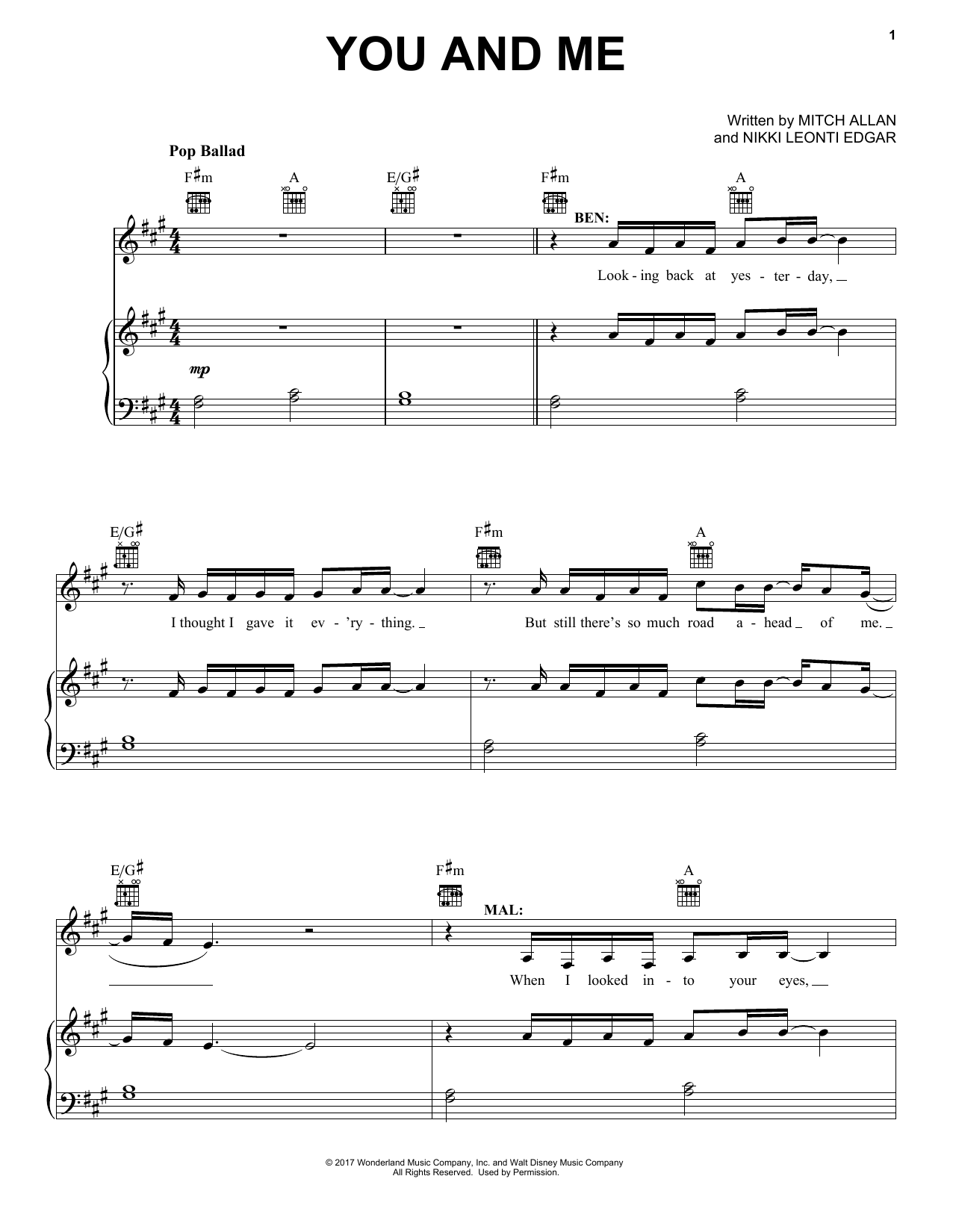 Mitch Allan You And Me (from Disney's Descendants 2) Sheet Music Notes & Chords for Piano, Vocal & Guitar (Right-Hand Melody) - Download or Print PDF
