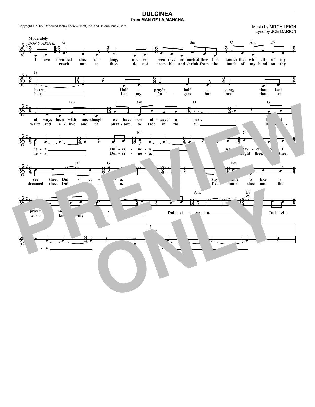 Mitch Leigh Dulcinea Sheet Music Notes & Chords for Melody Line, Lyrics & Chords - Download or Print PDF