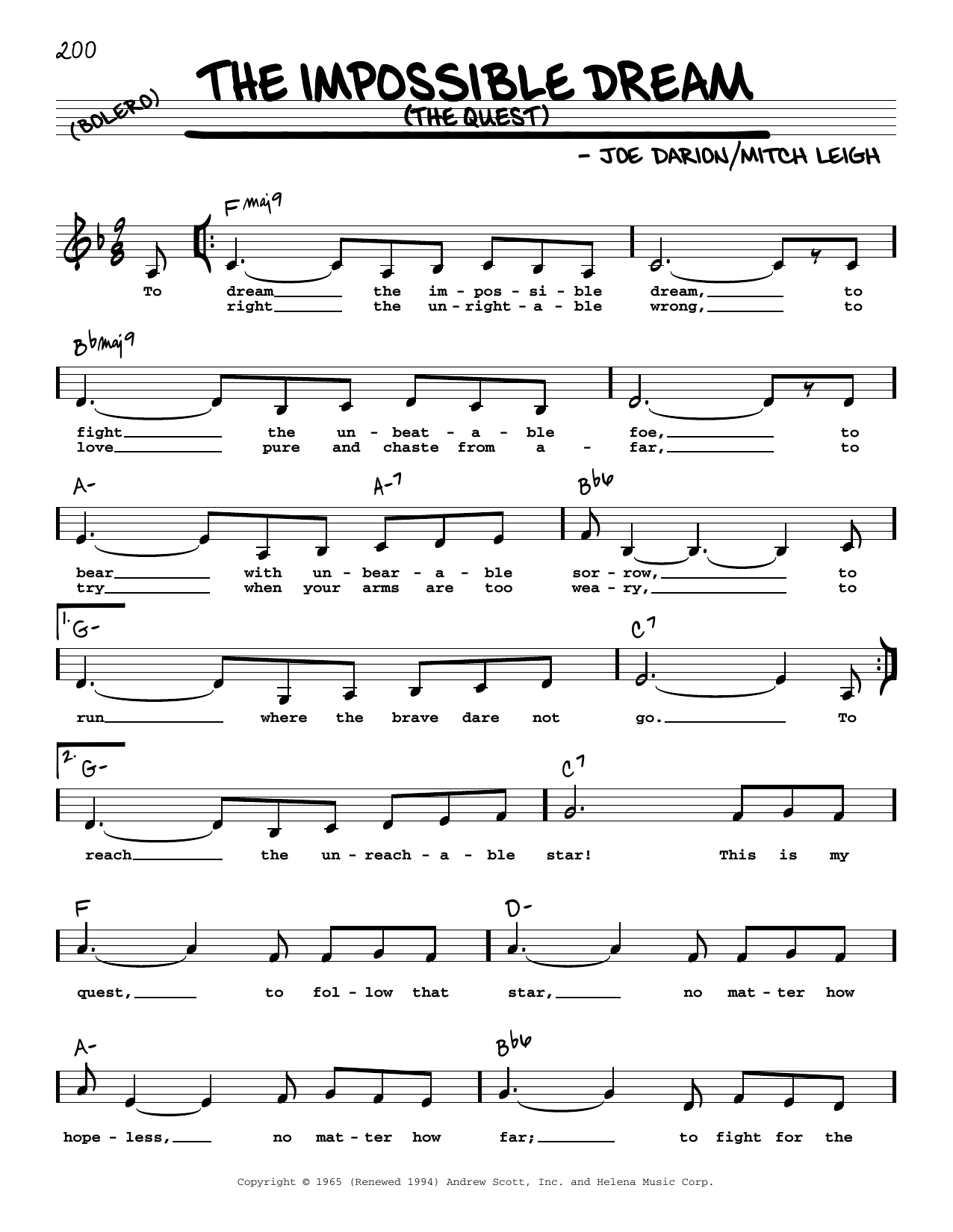 Mitch Leigh The Impossible Dream (The Quest) (Low Voice) Sheet Music Notes & Chords for Real Book – Melody, Lyrics & Chords - Download or Print PDF