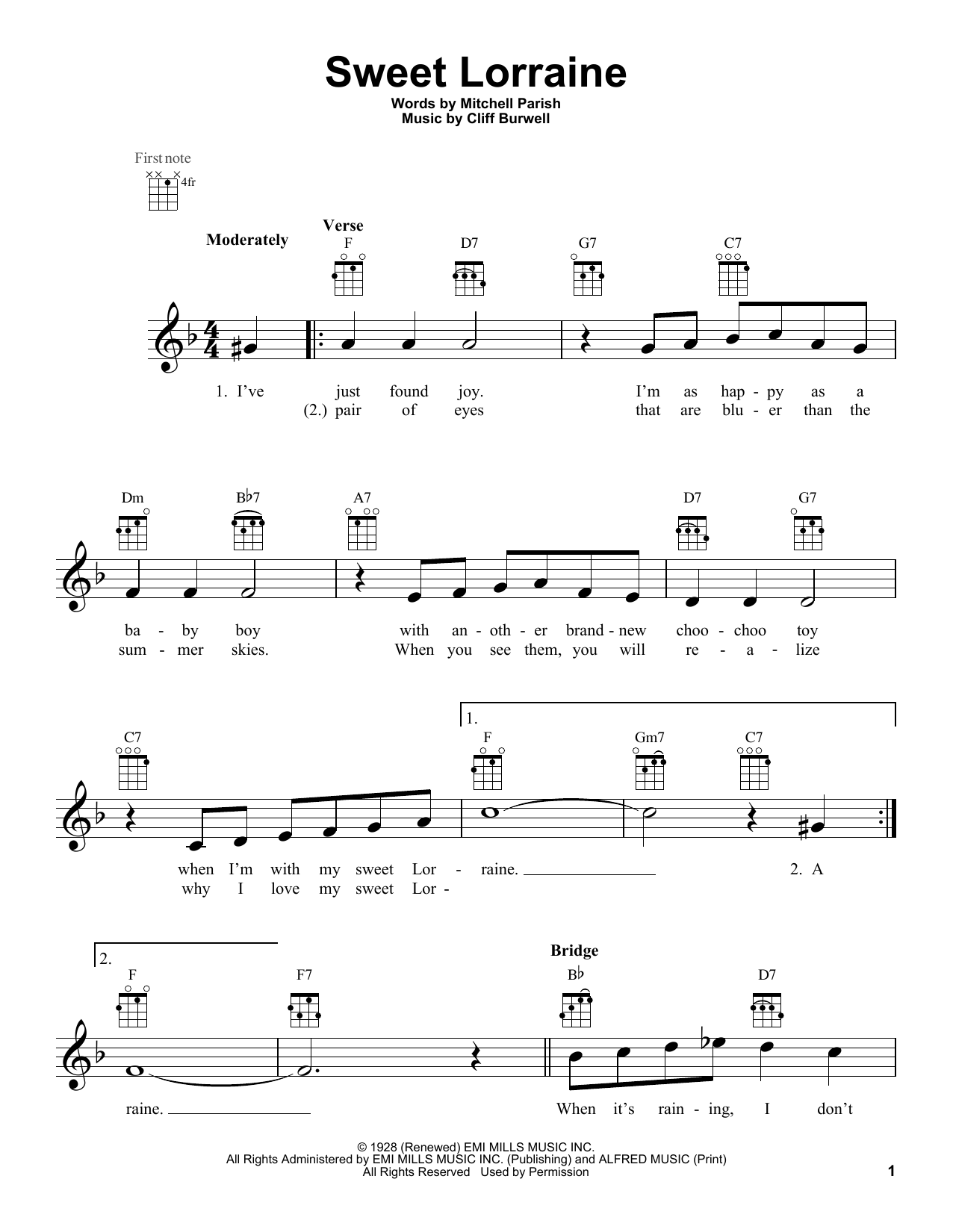 Mitchell Parish and Cliff Burwell Sweet Lorraine Sheet Music Notes & Chords for Ukulele - Download or Print PDF