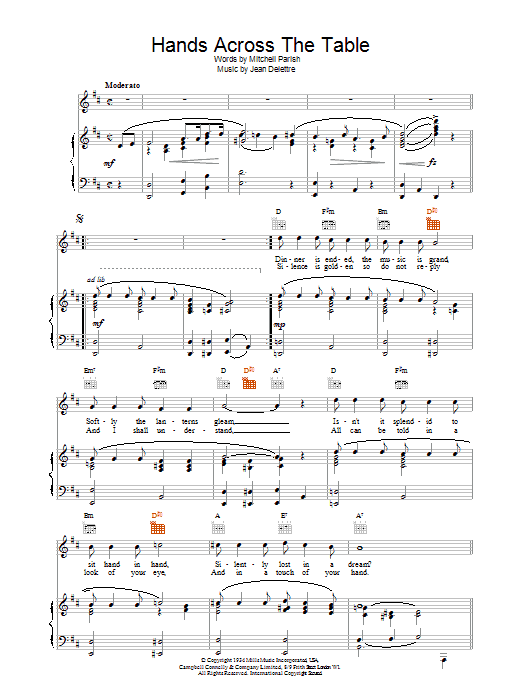 Mitchell Parish Hands Across The Table Sheet Music Notes & Chords for Piano, Vocal & Guitar (Right-Hand Melody) - Download or Print PDF