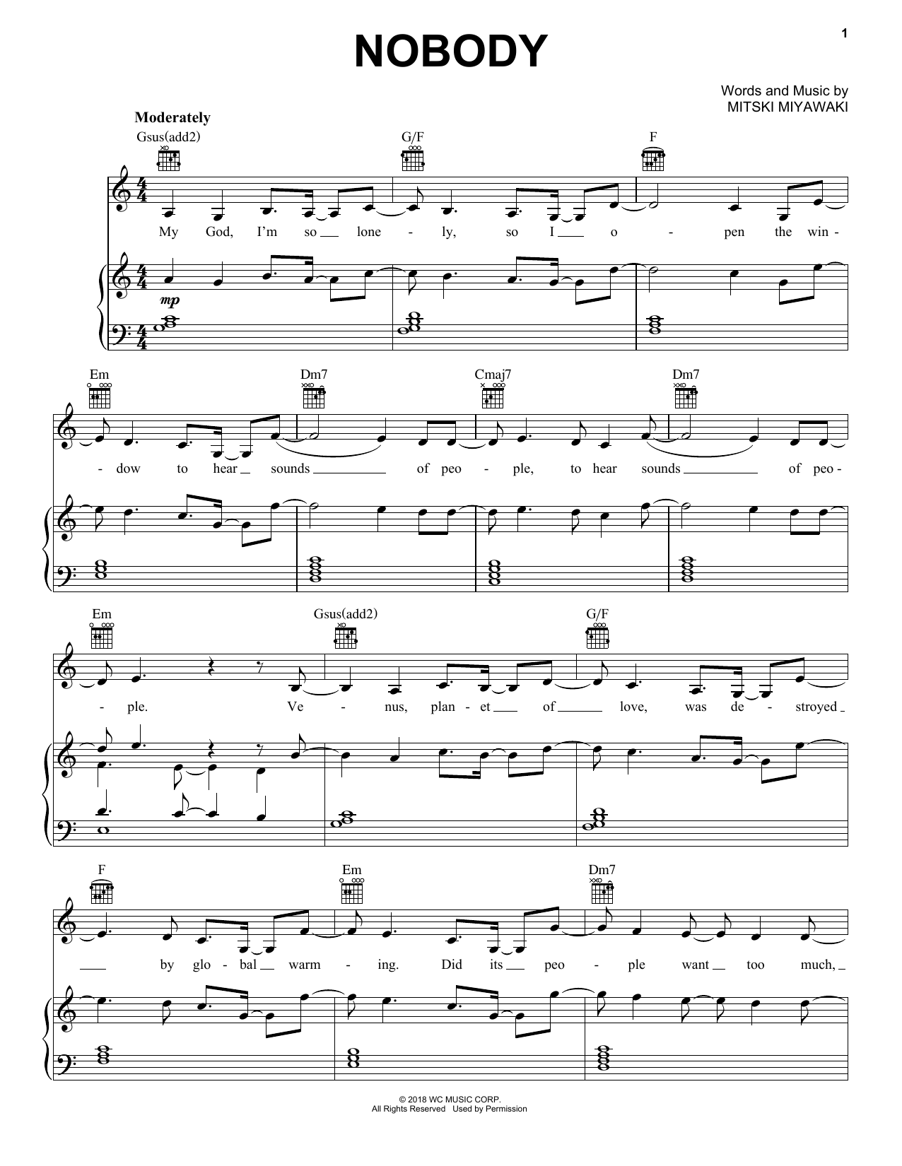 Mitski Nobody Sheet Music Notes & Chords for Piano, Vocal & Guitar (Right-Hand Melody) - Download or Print PDF