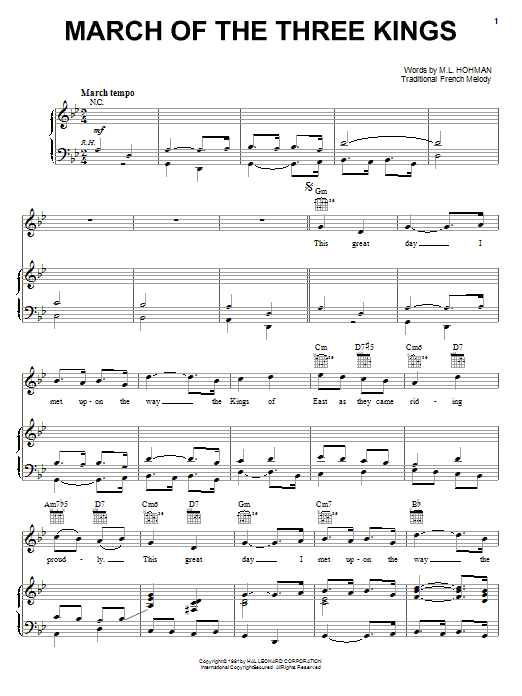 M.L. Hohman March Of The Three Kings Sheet Music Notes & Chords for Piano, Vocal & Guitar (Right-Hand Melody) - Download or Print PDF