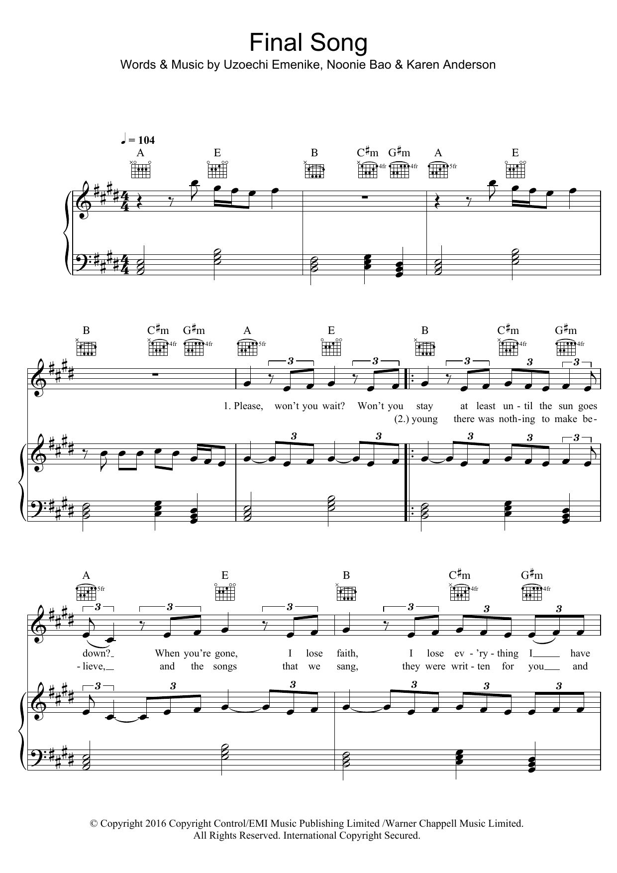 MO Final Song Sheet Music Notes & Chords for Piano, Vocal & Guitar (Right-Hand Melody) - Download or Print PDF