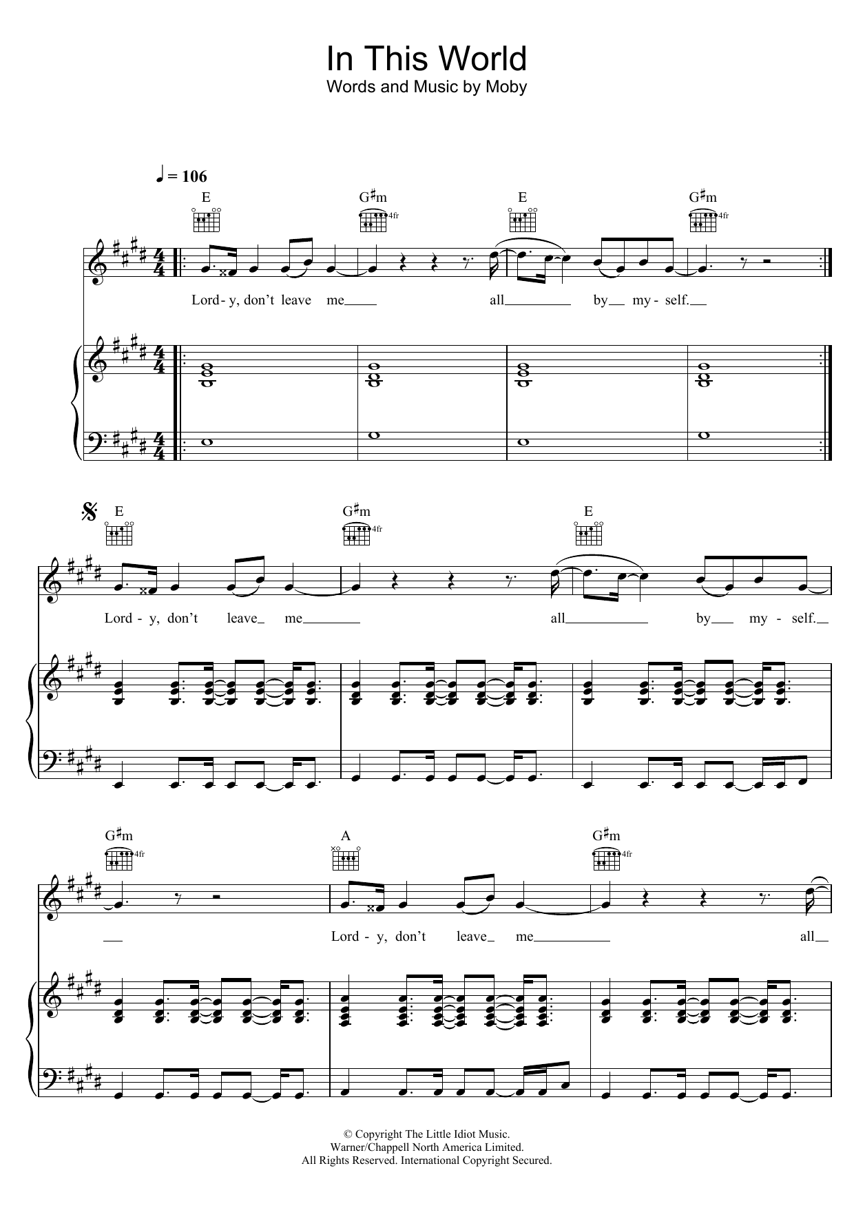 Moby In This World Sheet Music Notes & Chords for Piano, Vocal & Guitar - Download or Print PDF