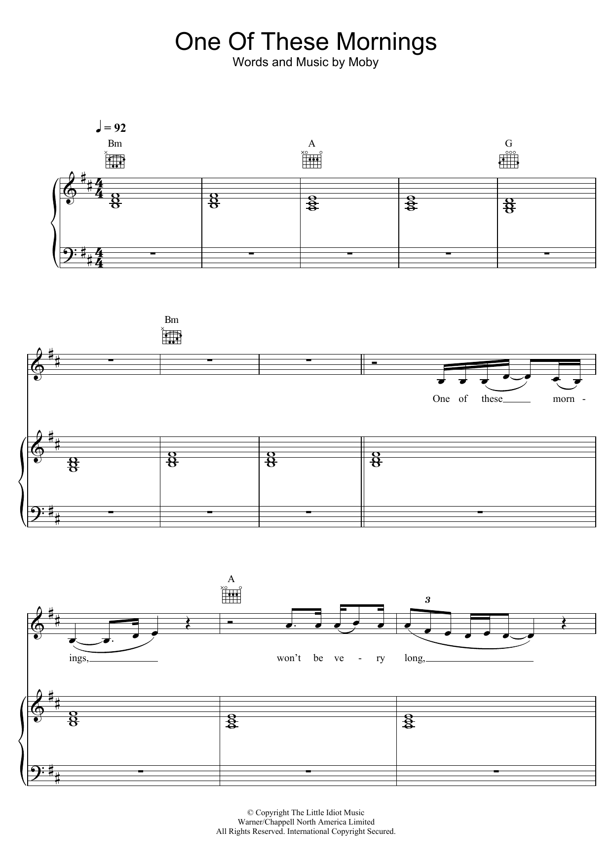 Moby One Of These Mornings Sheet Music Notes & Chords for Piano, Vocal & Guitar - Download or Print PDF