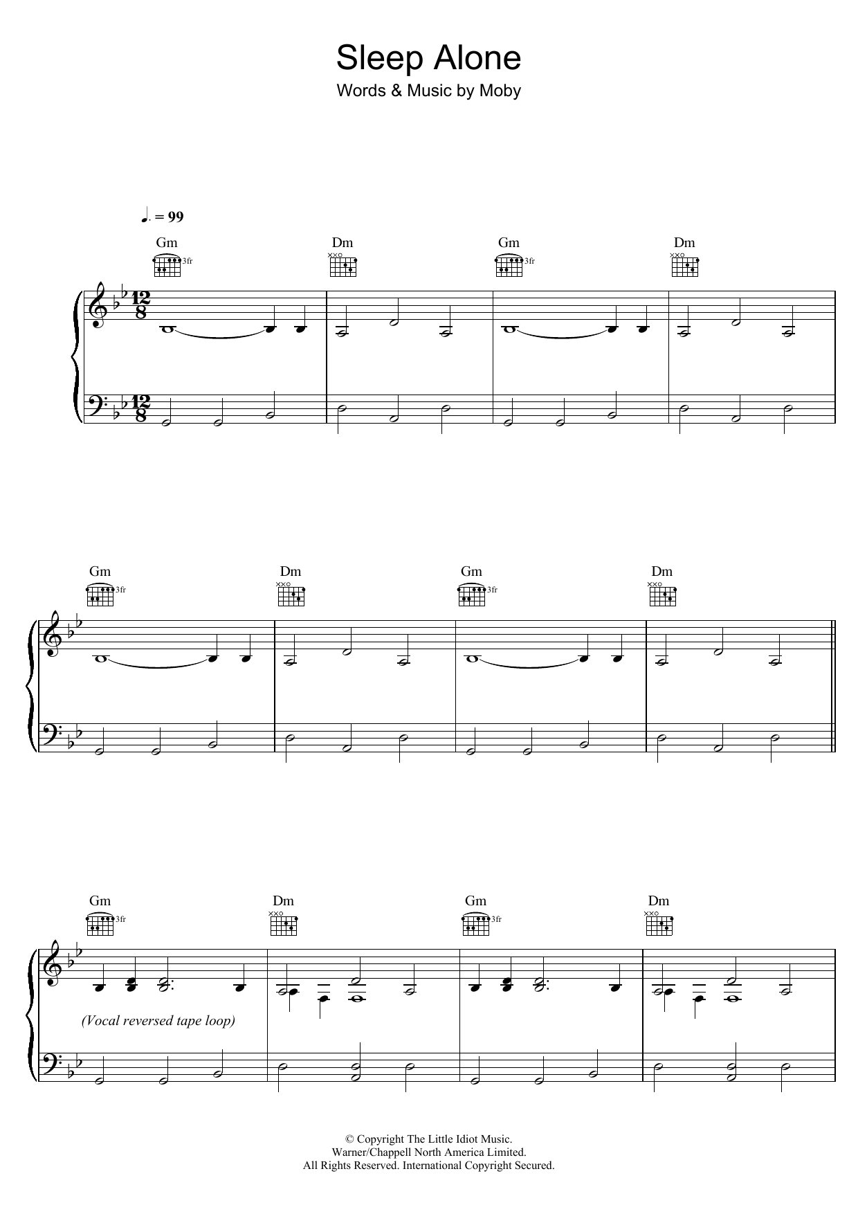 Moby Sleep Alone Sheet Music Notes & Chords for Piano, Vocal & Guitar - Download or Print PDF