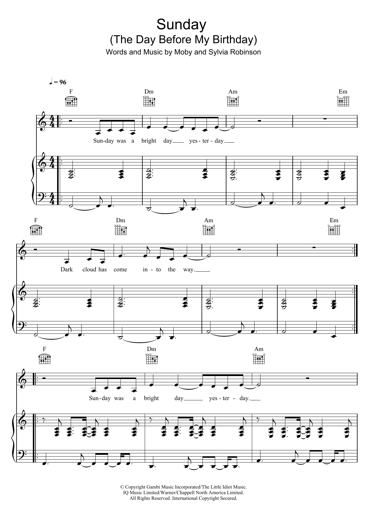 Moby Sunday (The Day Before My Birthday) Sheet Music Notes & Chords for Piano, Vocal & Guitar - Download or Print PDF