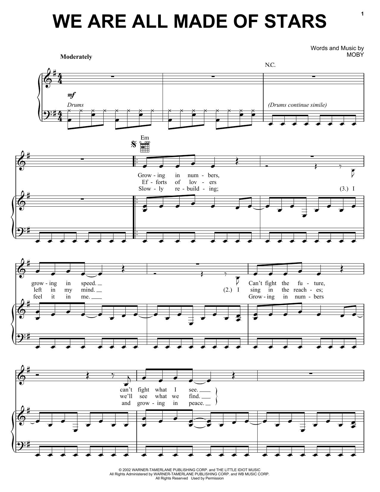 Moby We Are All Made Of Stars Sheet Music Notes & Chords for Piano, Vocal & Guitar (Right-Hand Melody) - Download or Print PDF