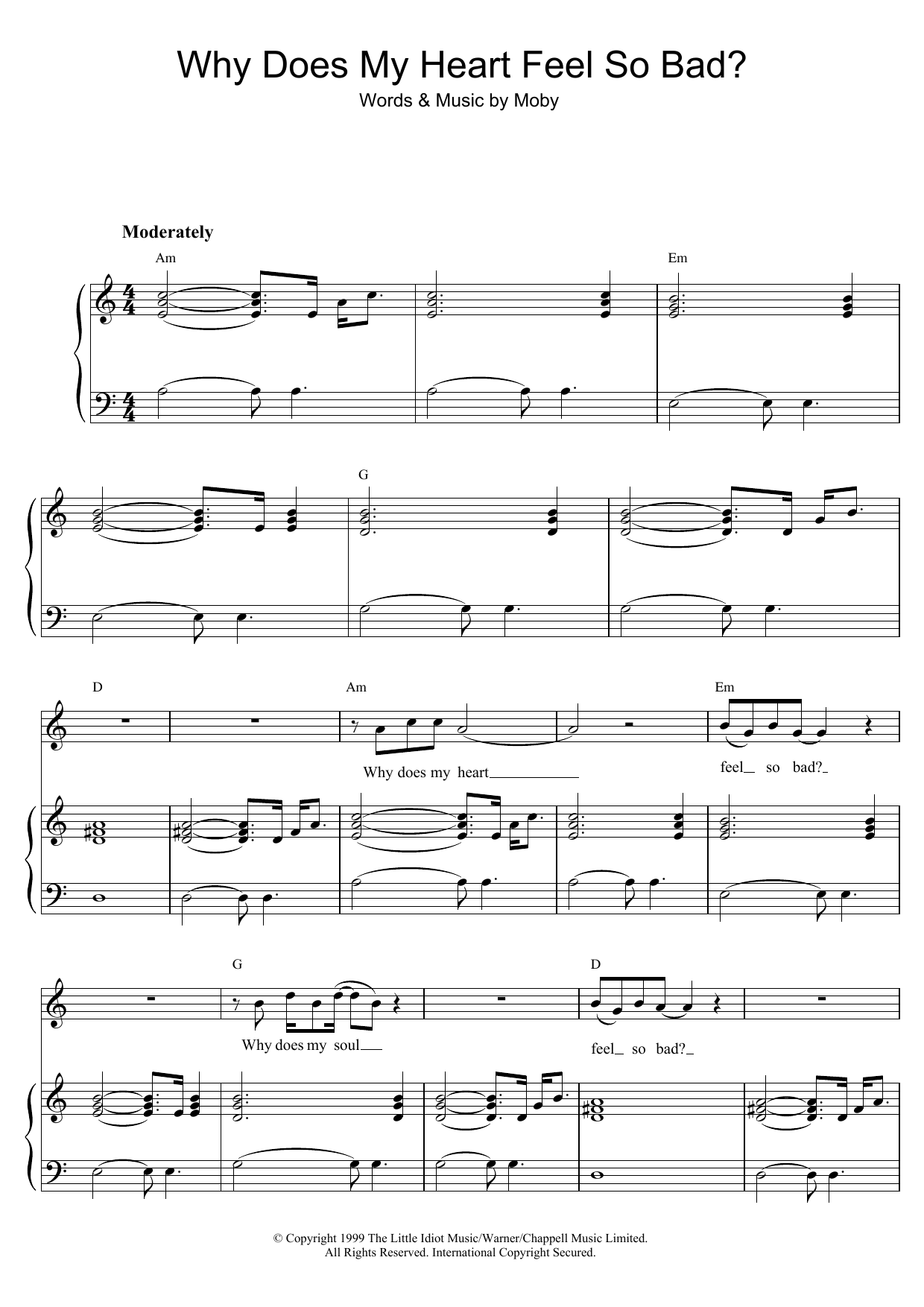 Moby Why Does My Heart Feel So Bad? Sheet Music Notes & Chords for Piano, Vocal & Guitar - Download or Print PDF