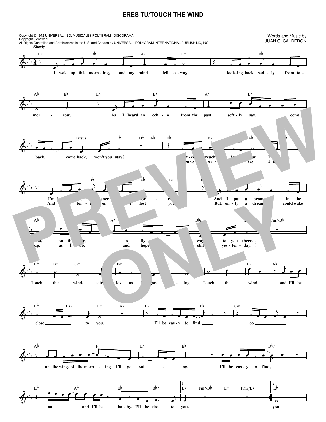 Mocedades Eres Tu/Touch The Wind Sheet Music Notes & Chords for Melody Line, Lyrics & Chords - Download or Print PDF