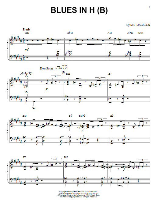 Modern Jazz Quartet Blues In H (B) (arr. Brent Edstrom) Sheet Music Notes & Chords for Piano Solo - Download or Print PDF