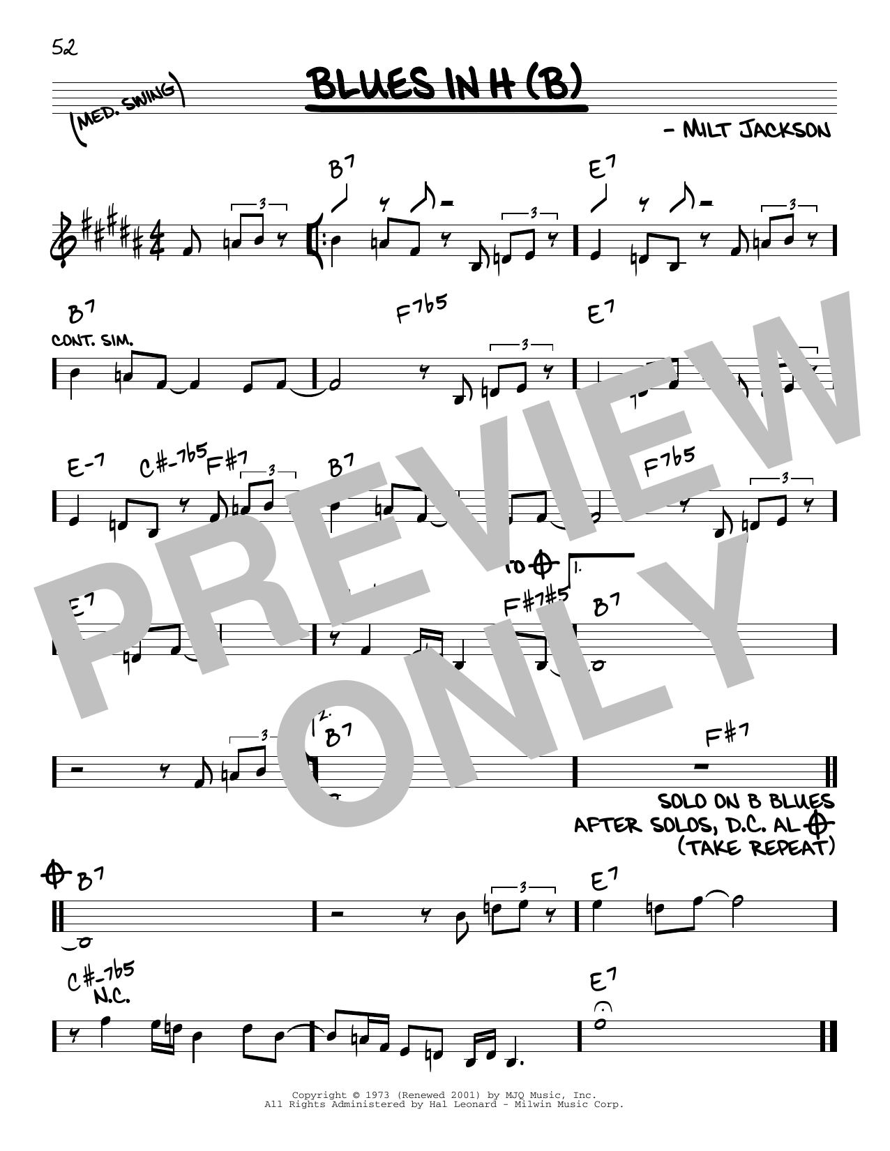 Modern Jazz Quartet Blues In H (B) Sheet Music Notes & Chords for Real Book – Melody & Chords - Download or Print PDF