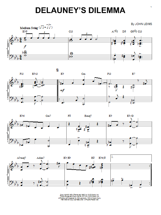 Modern Jazz Quartet Delauney's Dilemma (arr. Brent Edstrom) Sheet Music Notes & Chords for Piano Solo - Download or Print PDF