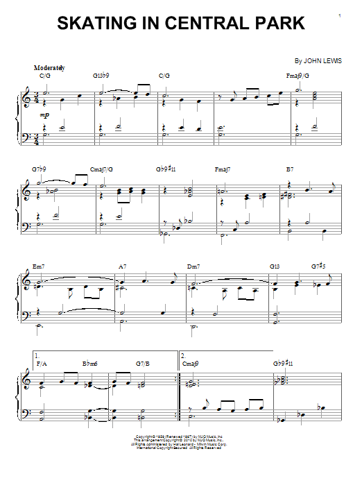Modern Jazz Quartet Skating In Central Park (arr. Brent Edstrom) Sheet Music Notes & Chords for Piano Solo - Download or Print PDF