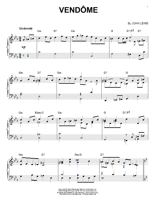 Modern Jazz Quartet Vendome (arr. Brent Edstrom) Sheet Music Notes & Chords for Piano Solo - Download or Print PDF