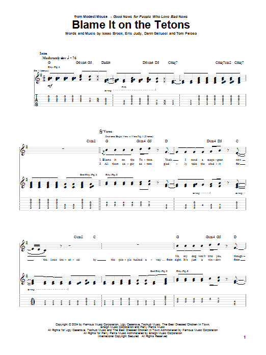 Modest Mouse Blame It On The Tetons Sheet Music Notes & Chords for Guitar Tab - Download or Print PDF