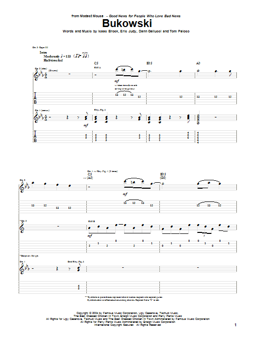 Modest Mouse Bukowski Sheet Music Notes & Chords for Guitar Tab - Download or Print PDF