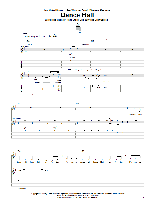 Modest Mouse Dance Hall Sheet Music Notes & Chords for Guitar Tab - Download or Print PDF
