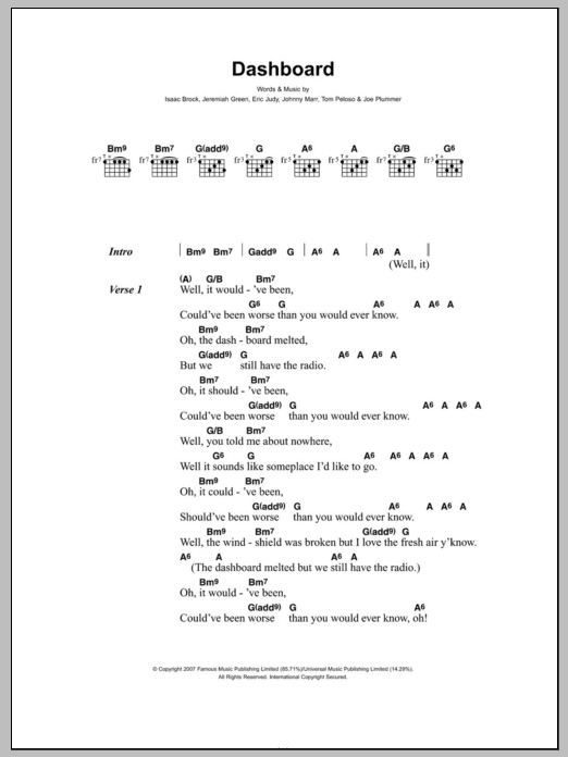 Modest Mouse Dashboard Sheet Music Notes & Chords for Lyrics & Chords - Download or Print PDF