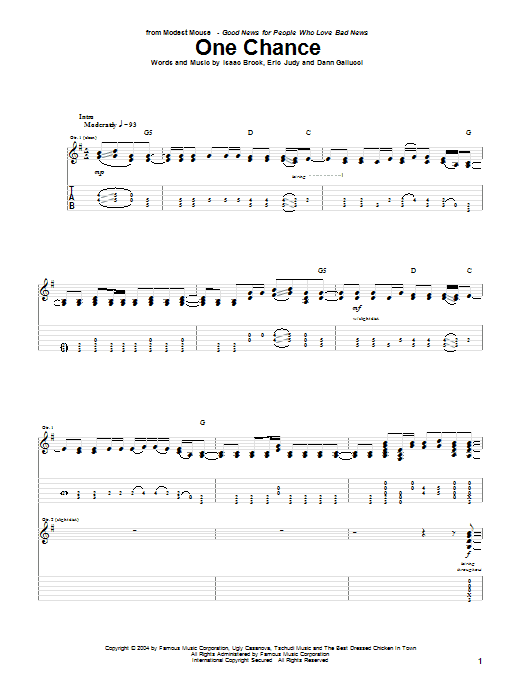 Modest Mouse One Chance Sheet Music Notes & Chords for Guitar Tab - Download or Print PDF