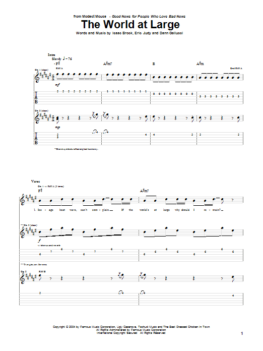 Modest Mouse The World At Large Sheet Music Notes & Chords for Guitar Tab - Download or Print PDF