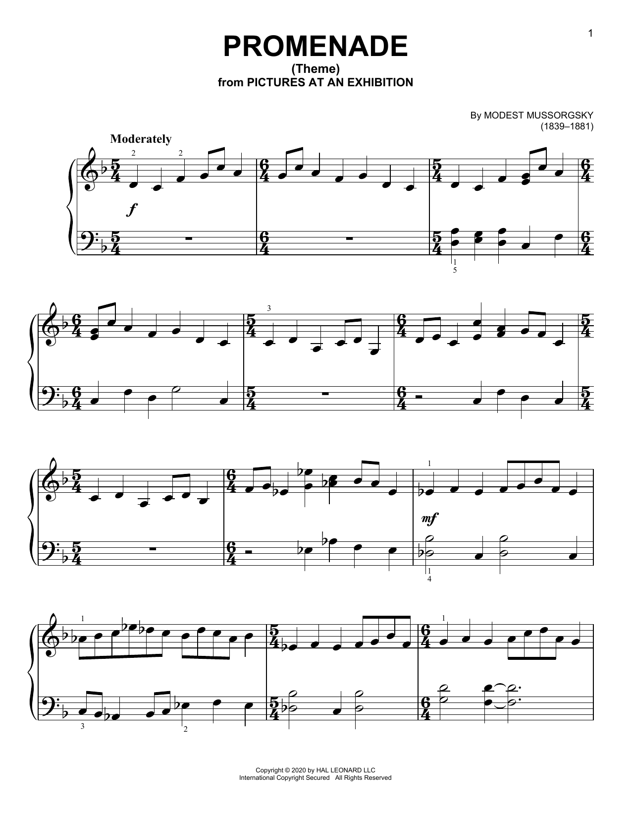 Modest Moussorgsky Promenade Theme Sheet Music Notes & Chords for Violin Duet - Download or Print PDF