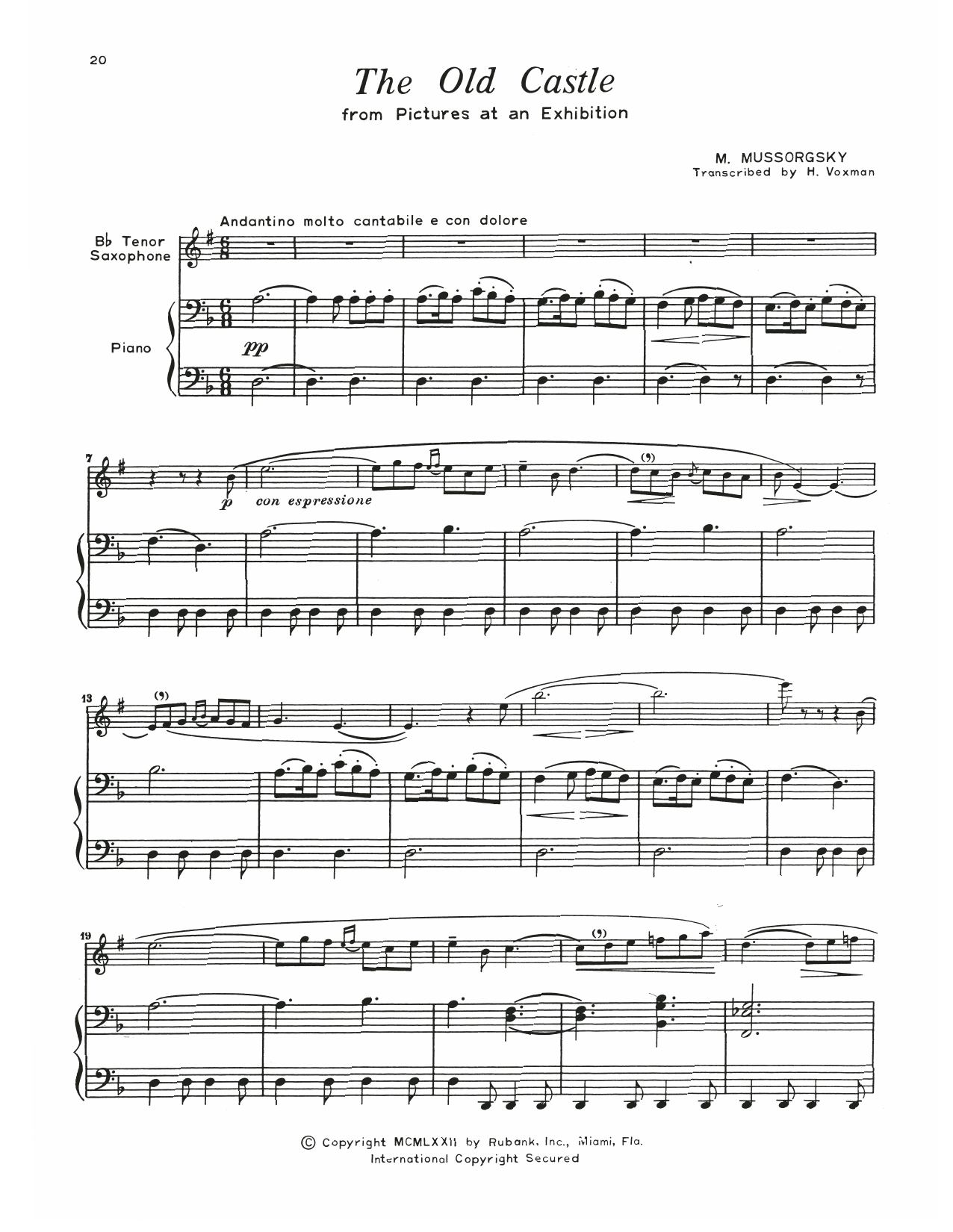 Modest Mussorgsky The Old Castle Sheet Music Notes & Chords for Tenor Sax and Piano - Download or Print PDF