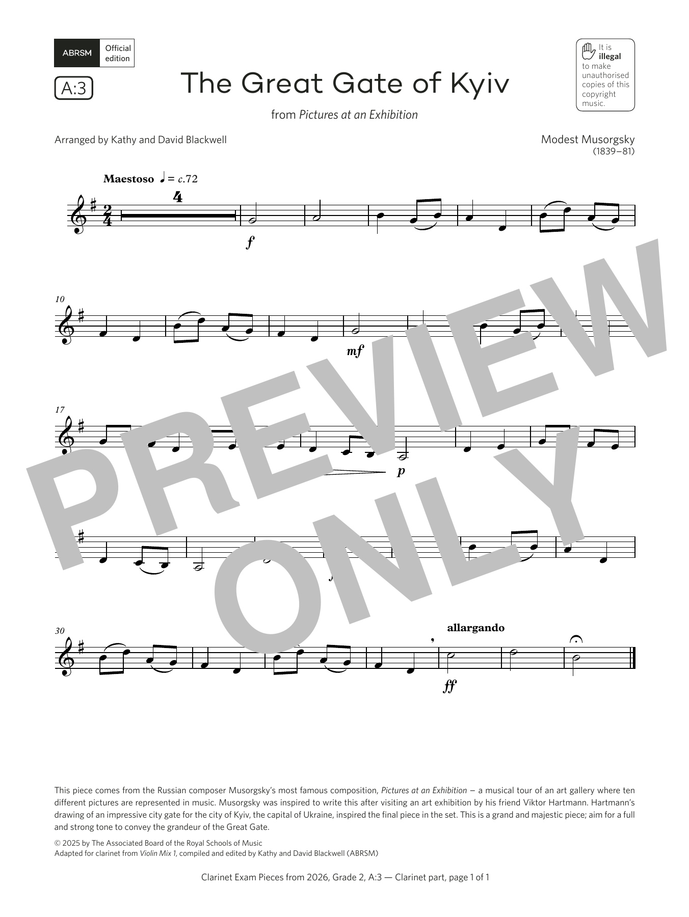 Modest Petrovich Musorgsky The Great Gate of Kyiv (Grade 2, list A3, from the ABRSM Clarinet Syllabus from 2026) Sheet Music Notes & Chords for Clarinet Solo - Download or Print PDF Modest Petrovich Musorgsky The Great Gate of Kyiv (Grade 2, list A3, from the ABRSM Clarinet Syllabus from 2026) Sheet Music Notes & Chords for Clarinet Solo - Download or Print PDF