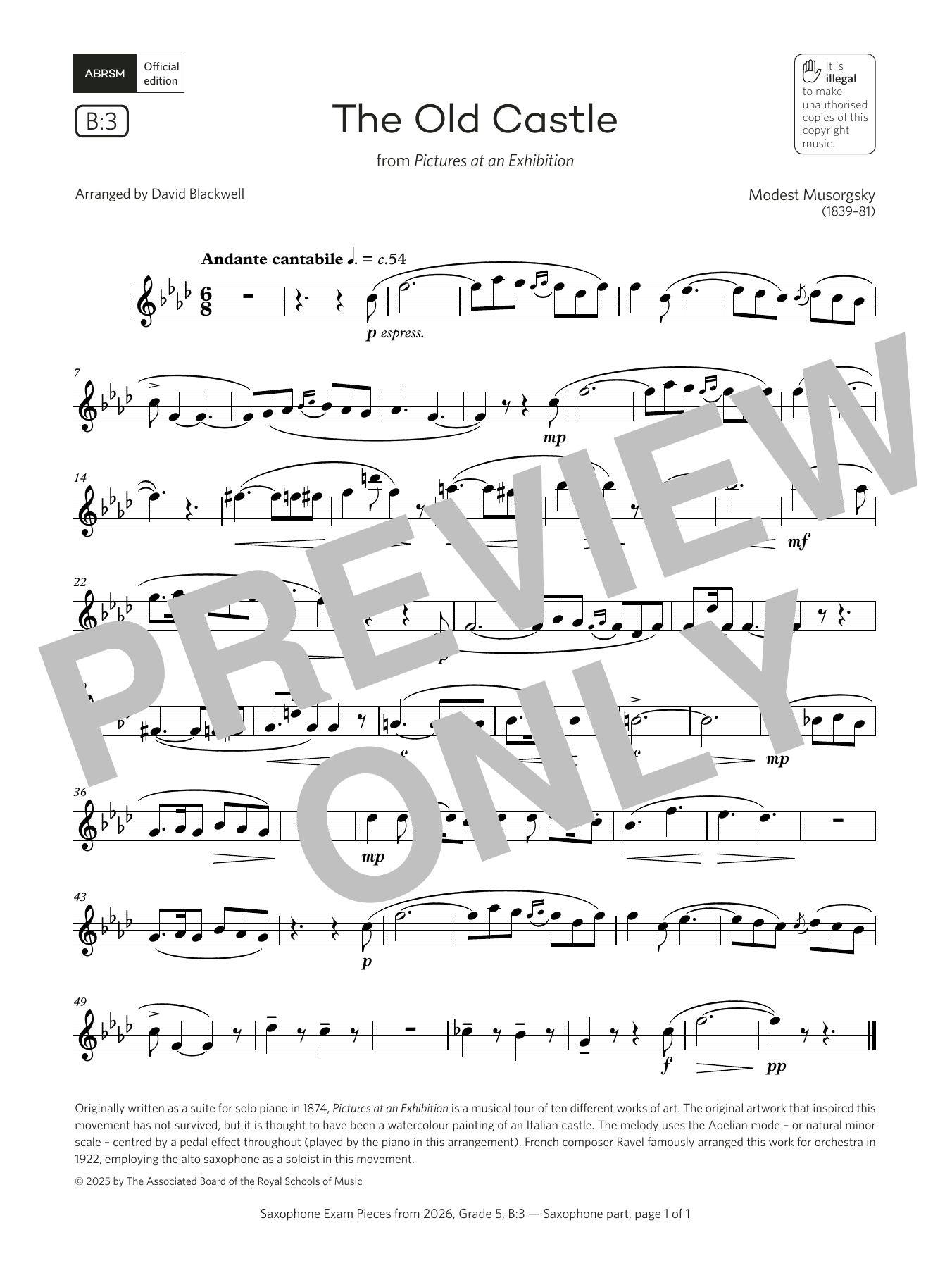 Modest Petrovich Musorgsky The Old Castle (Grade 5, list B3, from the ABRSM Saxophone Syllabus from 2026) Sheet Music Notes & Chords for Alto Sax Solo - Download or Print PDF Modest Petrovich Musorgsky The Old Castle (Grade 5, list B3, from the ABRSM Saxophone Syllabus from 2026) Sheet Music Notes & Chords for Alto Sax Solo - Download or Print PDF