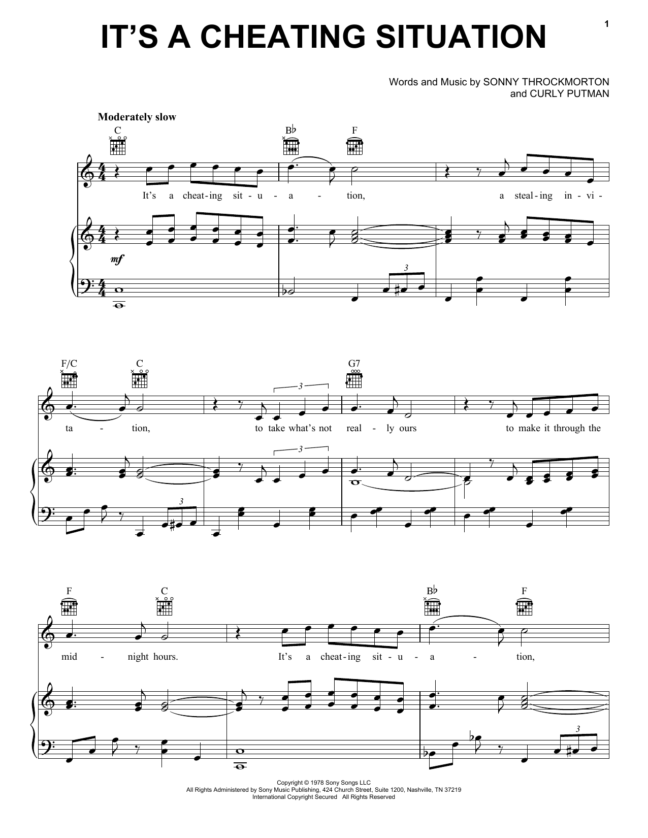 Moe Bandy It's A Cheating Situation Sheet Music Notes & Chords for Piano, Vocal & Guitar Chords (Right-Hand Melody) - Download or Print PDF