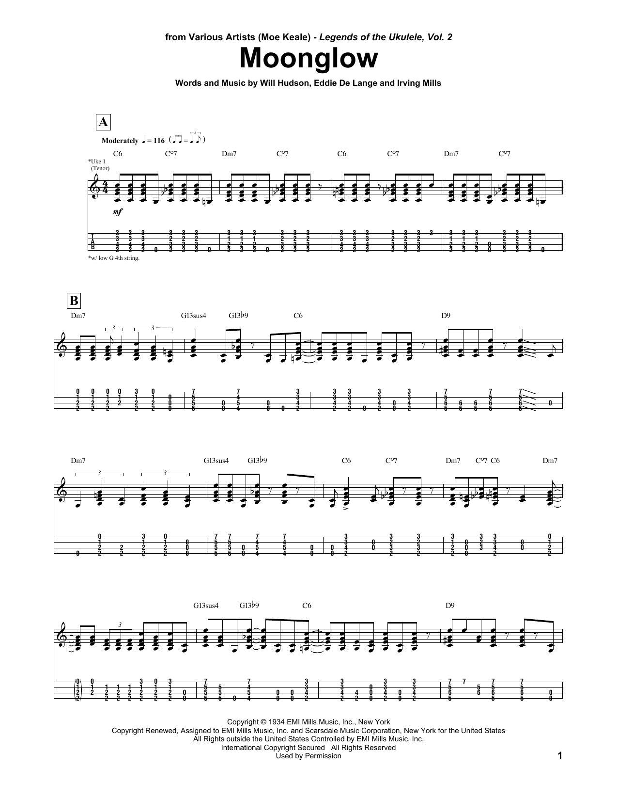 Moe Keale Moonglow Sheet Music Notes & Chords for UKETAB - Download or Print PDF