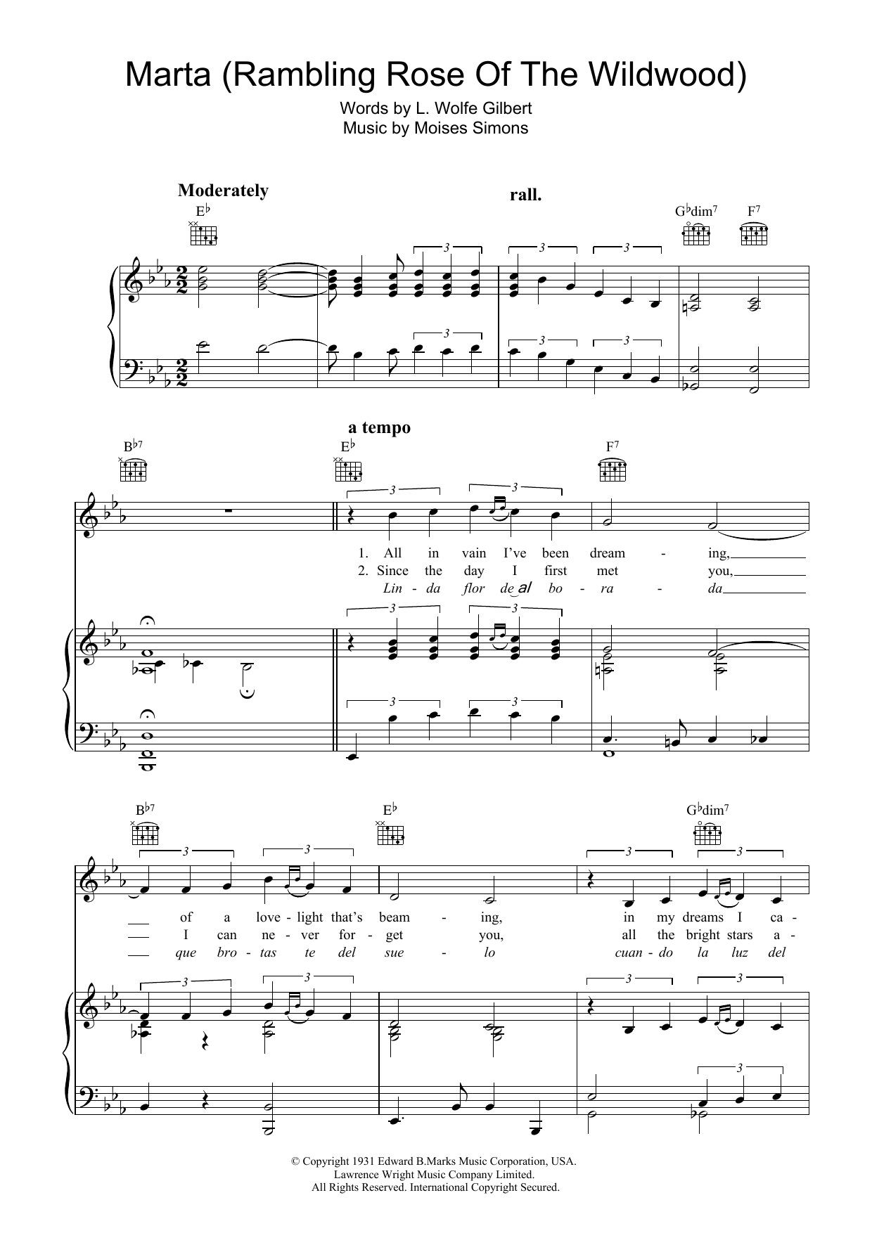 Moises Simons Marta (Rambling Rose Of The Wildwood ) Sheet Music Notes & Chords for Piano, Vocal & Guitar (Right-Hand Melody) - Download or Print PDF