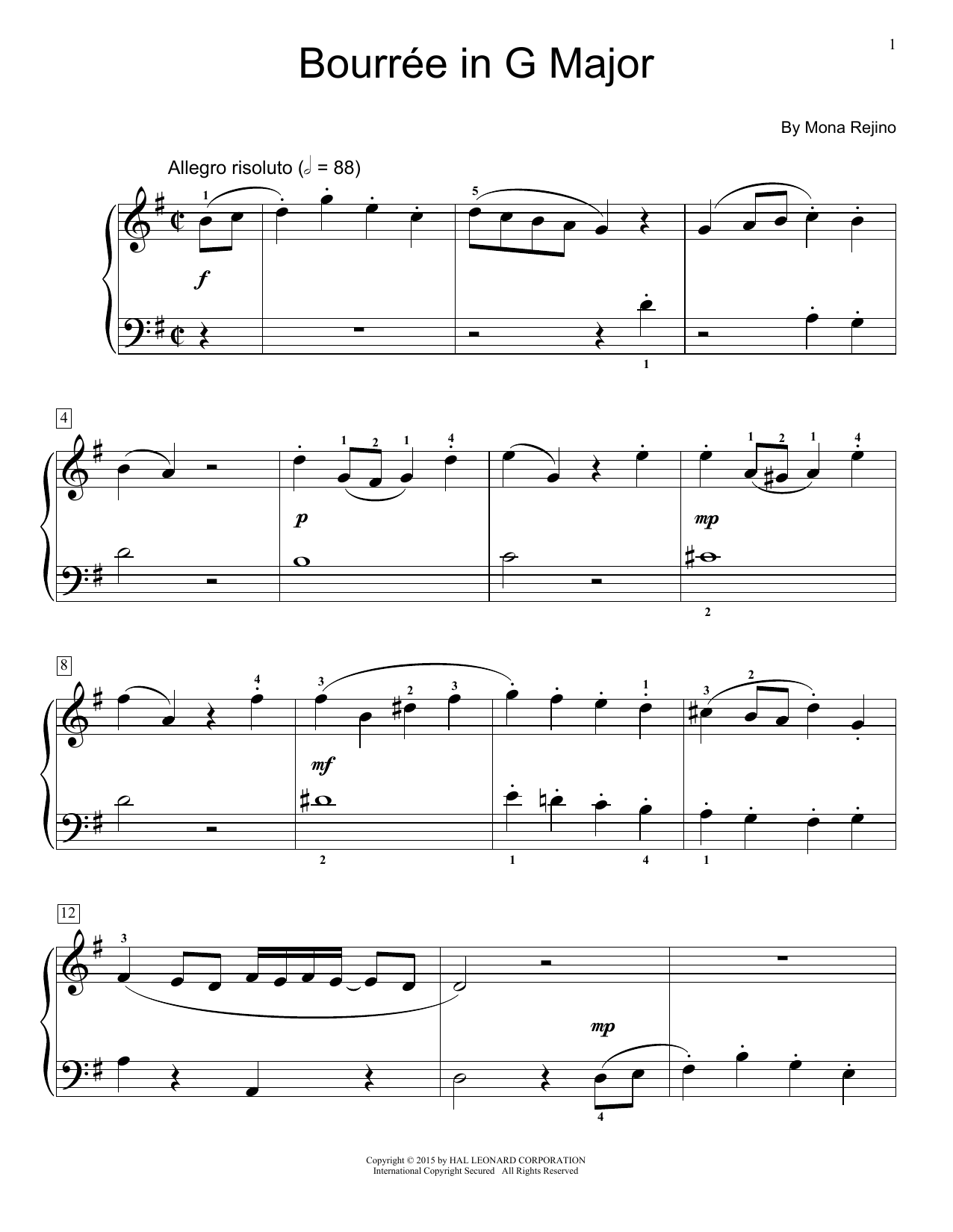 Mona Rejino Bourre In G Major Sheet Music Notes & Chords for Educational Piano - Download or Print PDF