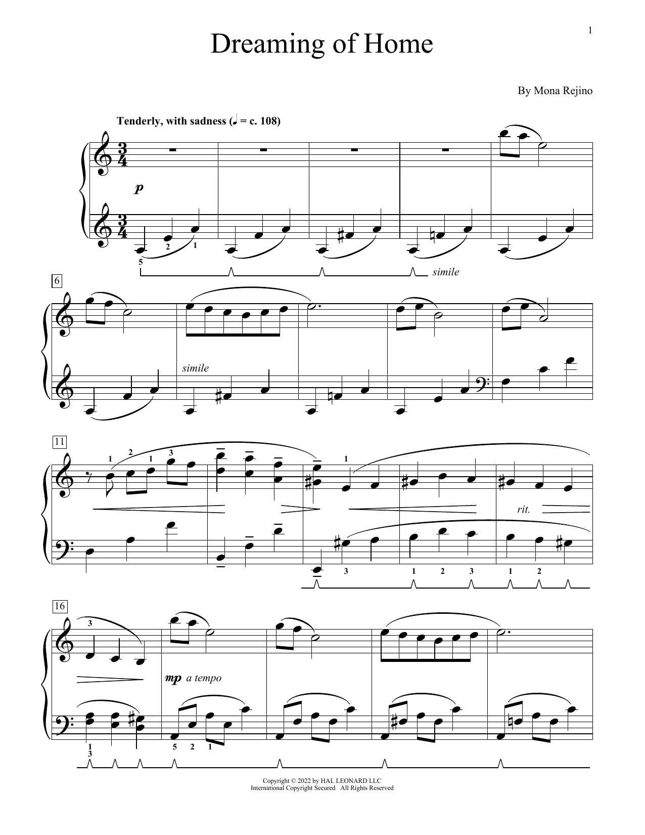 Mona Rejino Dreaming Of Home Sheet Music Notes & Chords for Educational Piano - Download or Print PDF