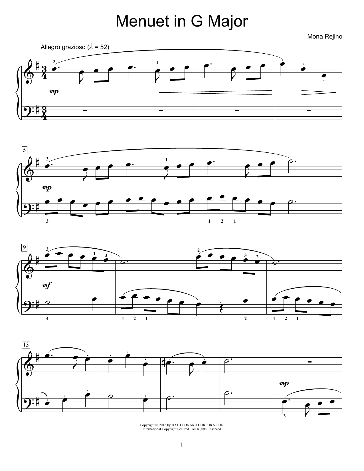 Mona Rejino Menuet In G Major Sheet Music Notes & Chords for Educational Piano - Download or Print PDF
