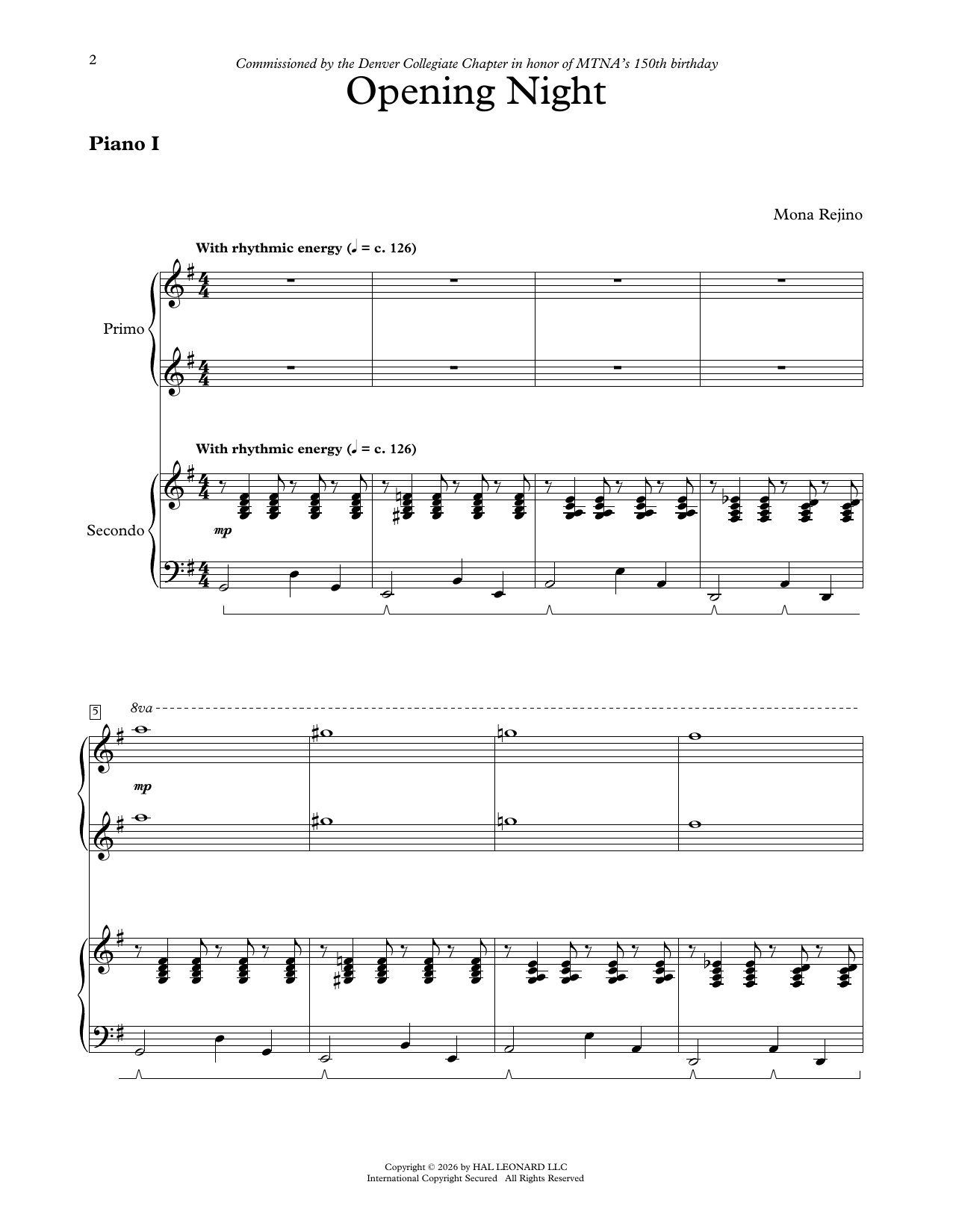 Mona Rejino Opening Night Sheet Music Notes & Chords for Piano Duet - Download or Print PDF